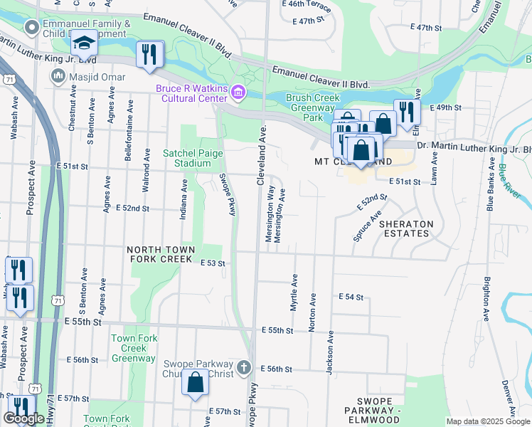 map of restaurants, bars, coffee shops, grocery stores, and more near 5137 Mersington Way in Kansas City