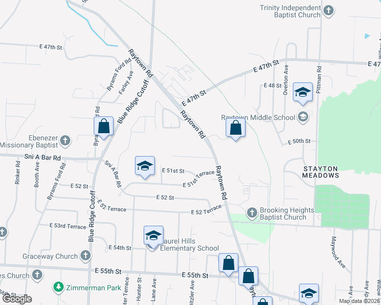 map of restaurants, bars, coffee shops, grocery stores, and more near 9200 East 50th Terrace in Kansas City