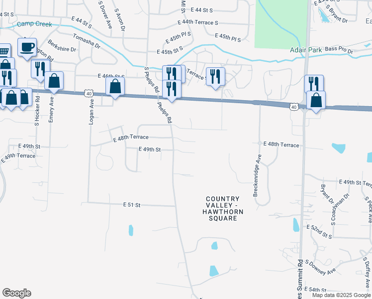map of restaurants, bars, coffee shops, grocery stores, and more near 15414 East 49th Street in Kansas City