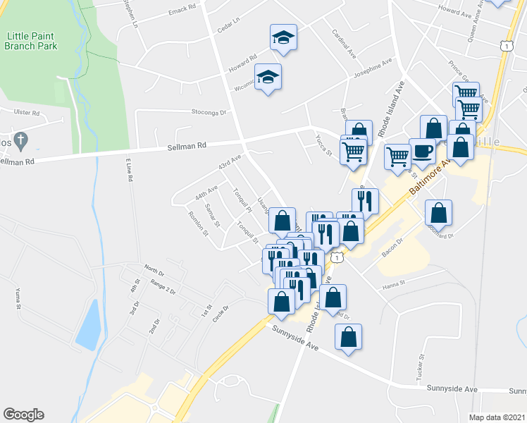 map of restaurants, bars, coffee shops, grocery stores, and more near 4505 Usange Street in Beltsville