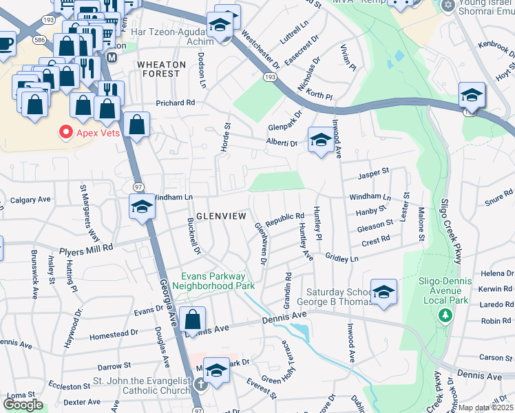 map of restaurants, bars, coffee shops, grocery stores, and more near 10709 Glenhaven Drive in Silver Spring