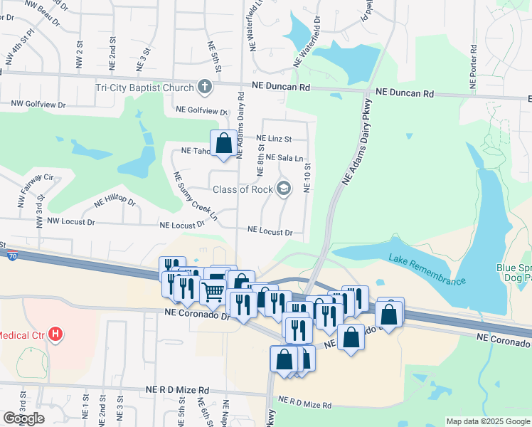 map of restaurants, bars, coffee shops, grocery stores, and more near 1120 Northeast 9th Street in Blue Springs