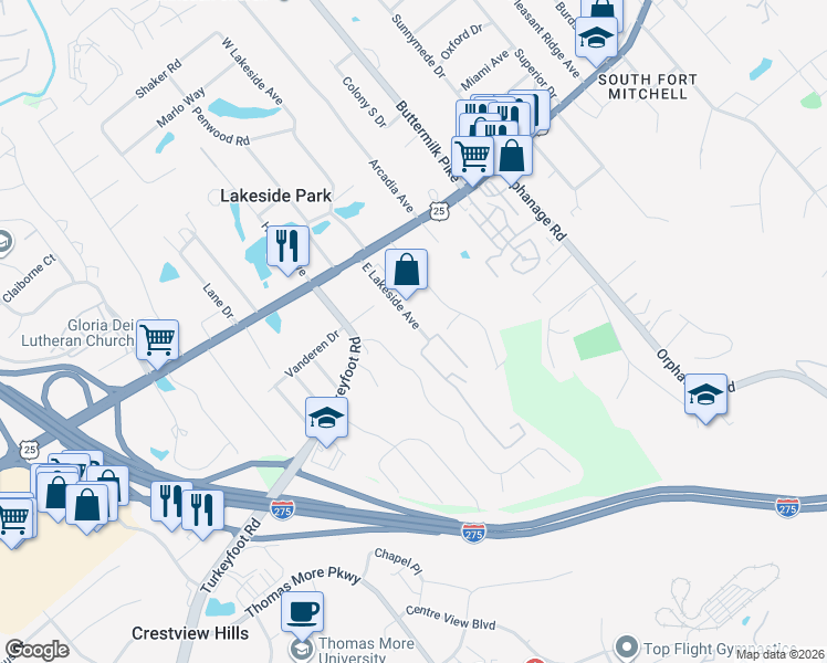 map of restaurants, bars, coffee shops, grocery stores, and more near 39 East Lakeside Avenue in Lakeside Park