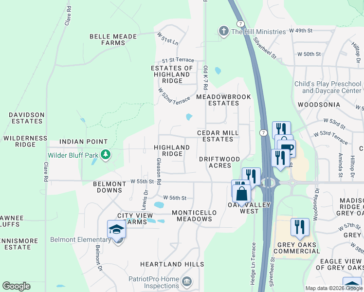 map of restaurants, bars, coffee shops, grocery stores, and more near 23600 West 53rd Place in Shawnee