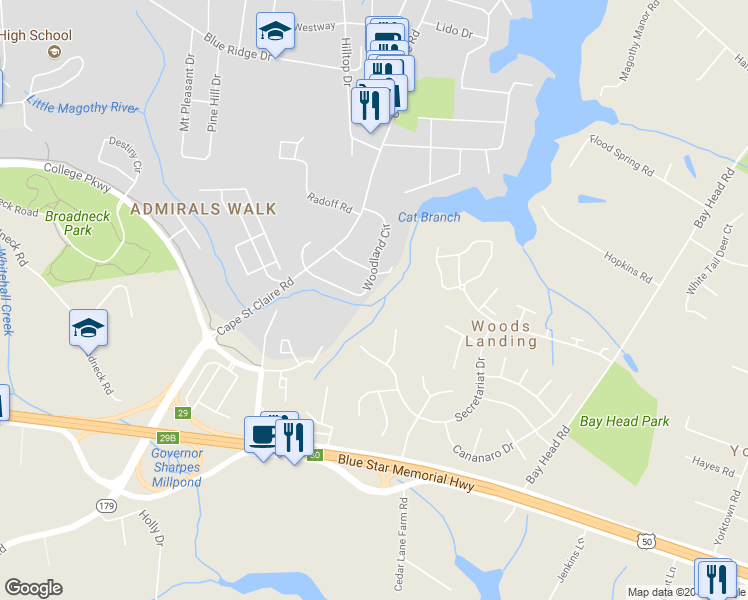 map of restaurants, bars, coffee shops, grocery stores, and more near 970 Woodland Circle in Annapolis