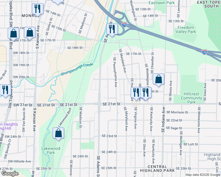 map of restaurants, bars, coffee shops, grocery stores, and more near 1924 Southeast Massachusetts Avenue in Topeka