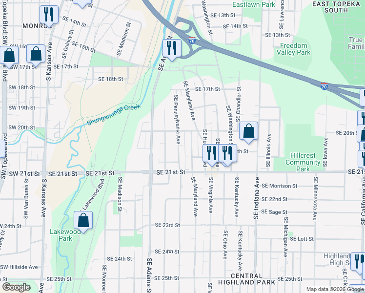 map of restaurants, bars, coffee shops, grocery stores, and more near 1924 Southeast Pennsylvania Avenue in Topeka