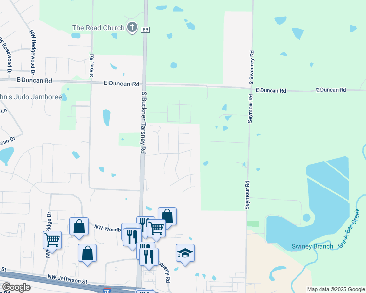 map of restaurants, bars, coffee shops, grocery stores, and more near 203 Northeast Kim Court in Grain Valley