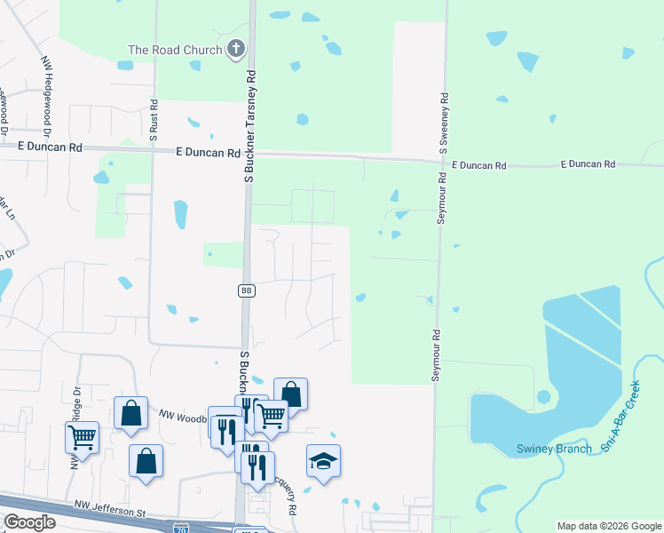 map of restaurants, bars, coffee shops, grocery stores, and more near 203 Northeast Kim Court in Grain Valley