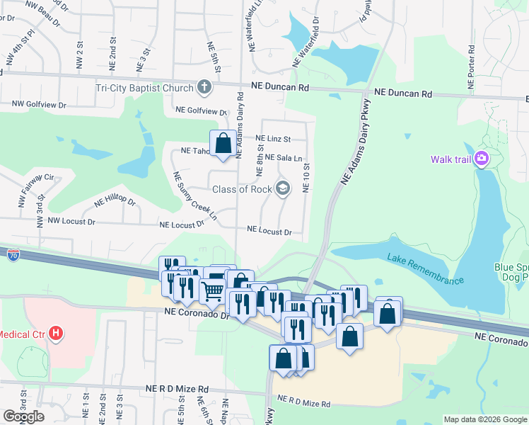 map of restaurants, bars, coffee shops, grocery stores, and more near 1113 Northeast 9th Street Terrace in Blue Springs