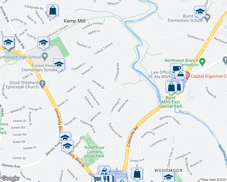 map of restaurants, bars, coffee shops, grocery stores, and more near 10711 Lombardy Road in Silver Spring