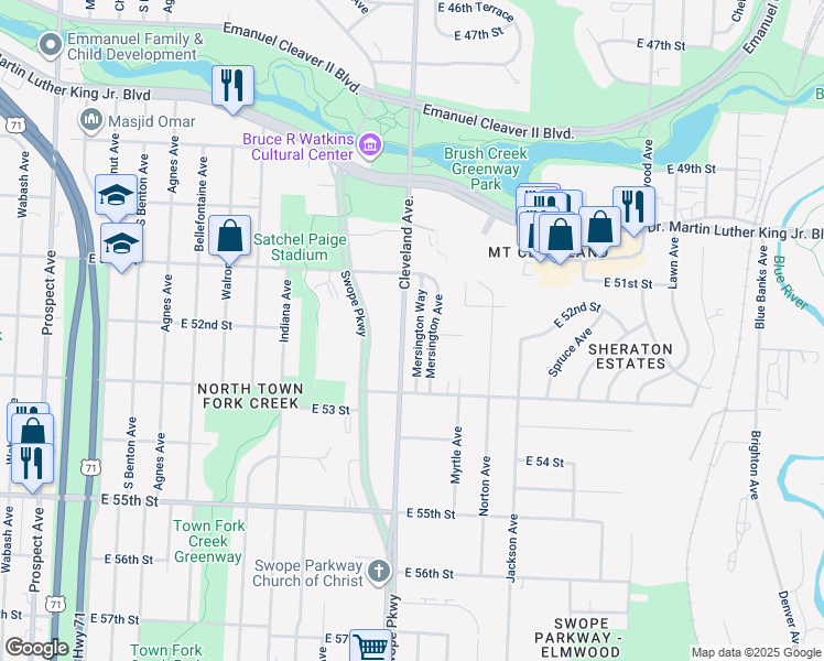 map of restaurants, bars, coffee shops, grocery stores, and more near 5137 Mersington Way in Kansas City