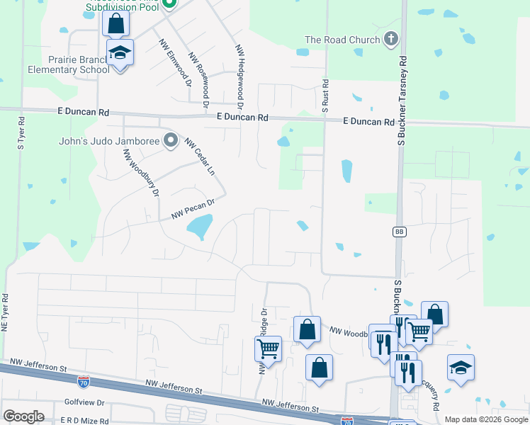 map of restaurants, bars, coffee shops, grocery stores, and more near 519 Northwest Hickory Ridge Drive in Grain Valley