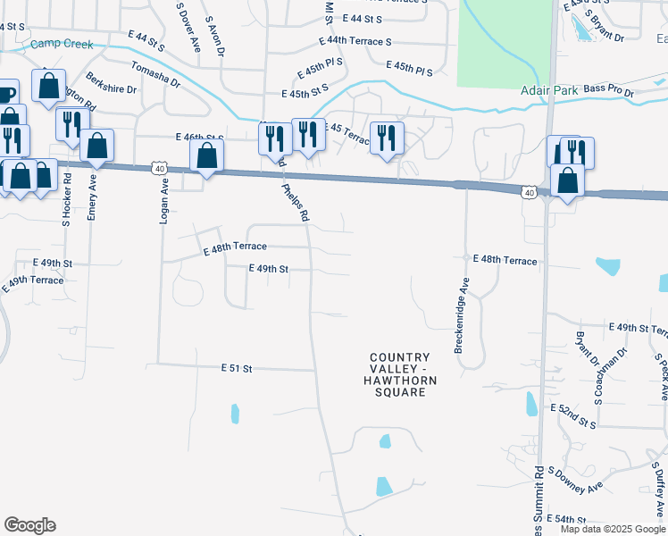 map of restaurants, bars, coffee shops, grocery stores, and more near 15412 East 49th Street in Kansas City