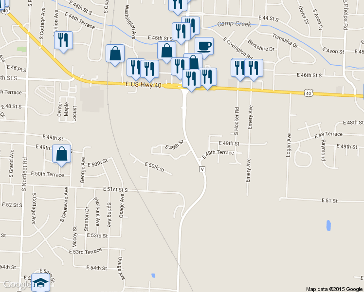 map of restaurants, bars, coffee shops, grocery stores, and more near 13935 East 49th Street in Kansas City