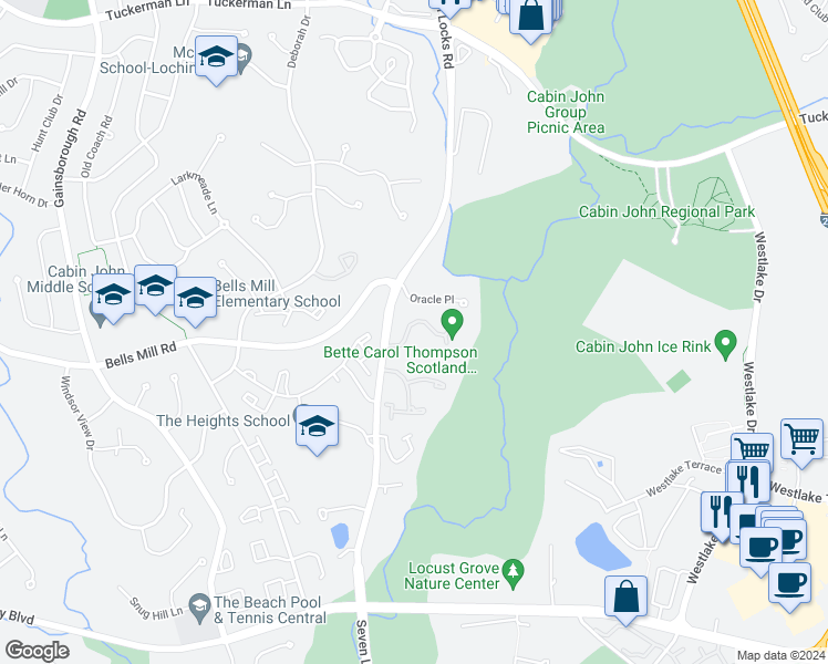map of restaurants, bars, coffee shops, grocery stores, and more near 7844 Scotland Drive in Potomac