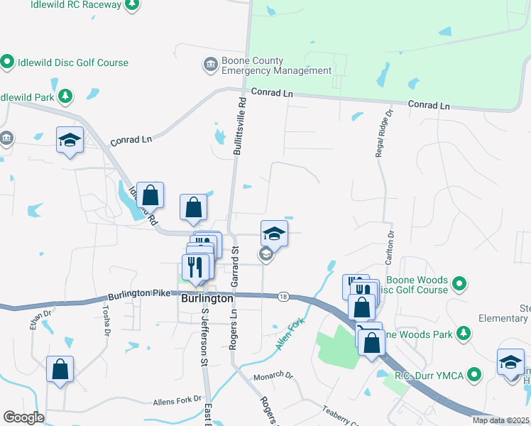 map of restaurants, bars, coffee shops, grocery stores, and more near 5946 Orient Street in Burlington