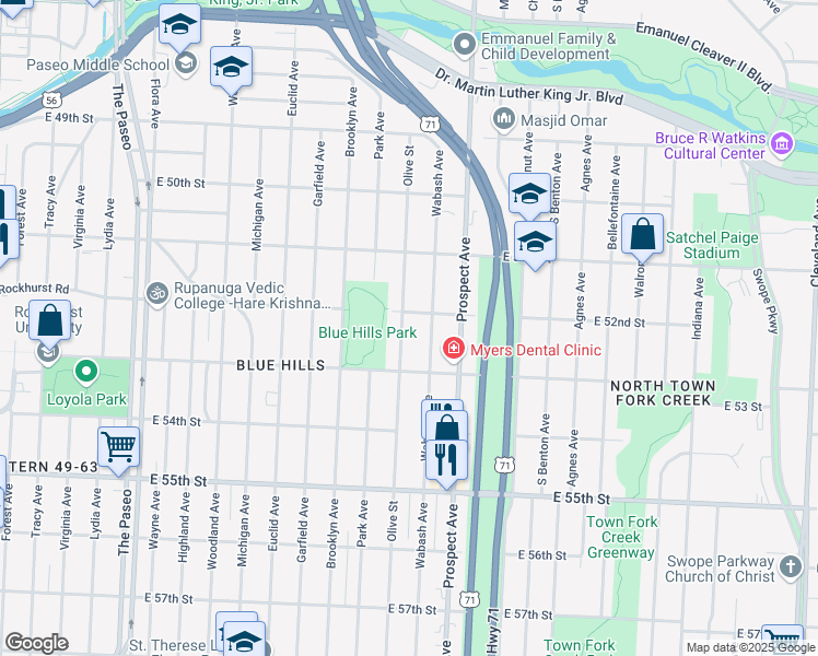 map of restaurants, bars, coffee shops, grocery stores, and more near 5207 Olive Street in Kansas City