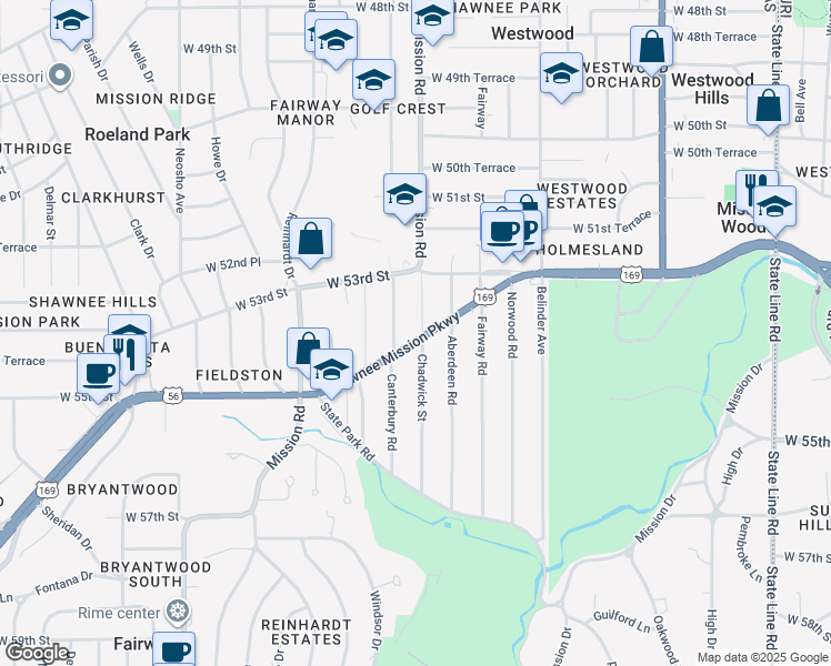 map of restaurants, bars, coffee shops, grocery stores, and more near 5348 Chadwick Street in Fairway