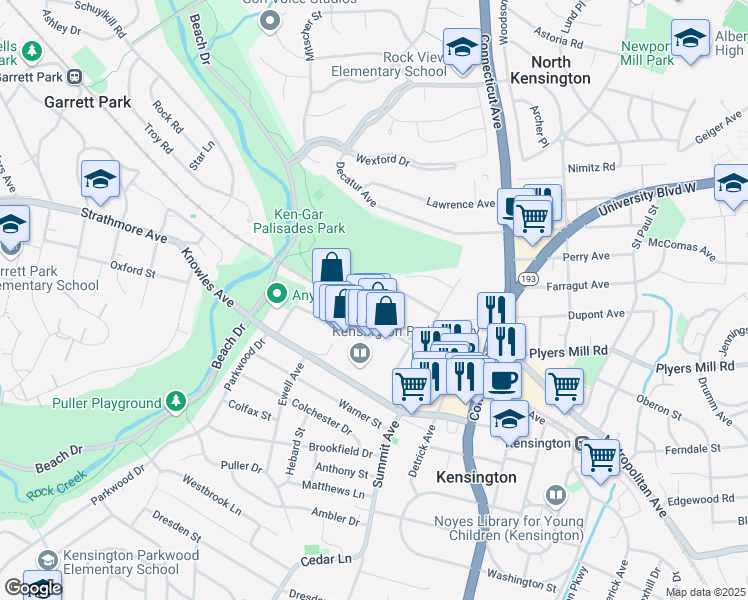 map of restaurants, bars, coffee shops, grocery stores, and more near 4107 Plyers Mill Road in Kensington