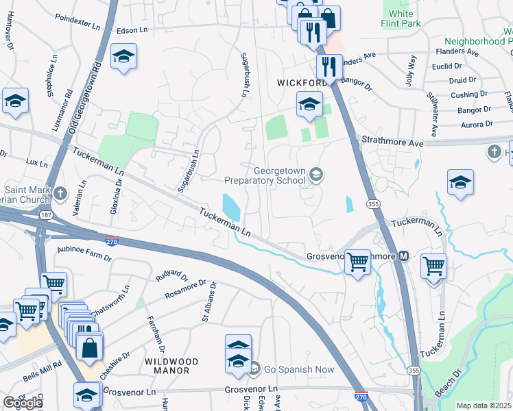 map of restaurants, bars, coffee shops, grocery stores, and more near 5704 Brewer House Circle in Rockville