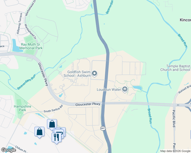 map of restaurants, bars, coffee shops, grocery stores, and more near 21140 Ashburn Crossing Drive in Ashburn