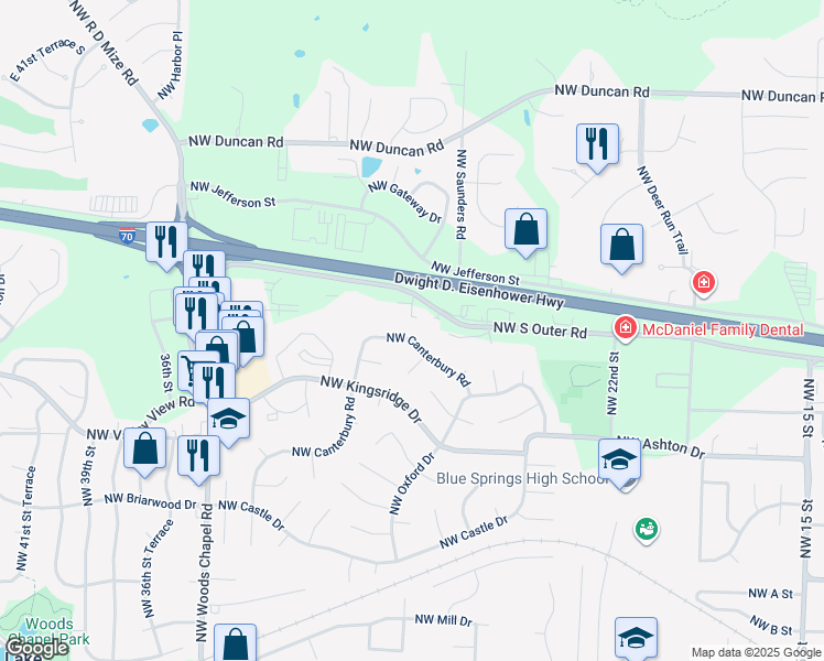 map of restaurants, bars, coffee shops, grocery stores, and more near 2809 Northwest Canterbury Road in Blue Springs