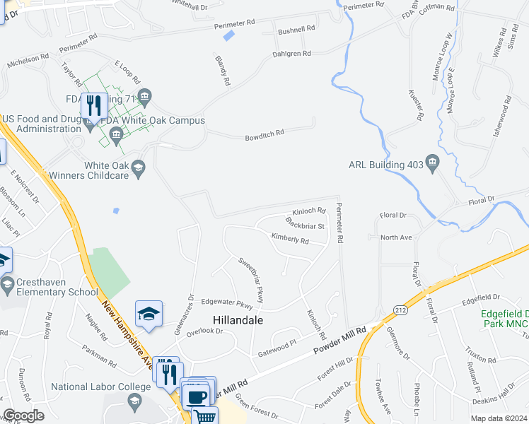 map of restaurants, bars, coffee shops, grocery stores, and more near 10783 Kinloch Road in Silver Spring