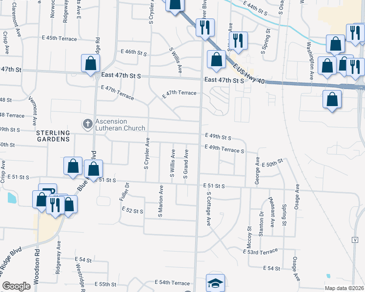map of restaurants, bars, coffee shops, grocery stores, and more near 4920 South Grand Avenue in Independence