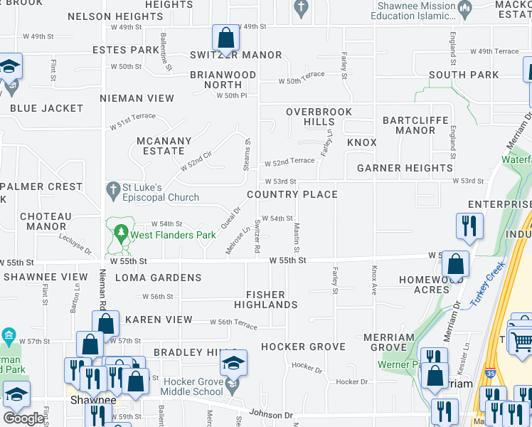 map of restaurants, bars, coffee shops, grocery stores, and more near 10204 West 54th Street in Shawnee