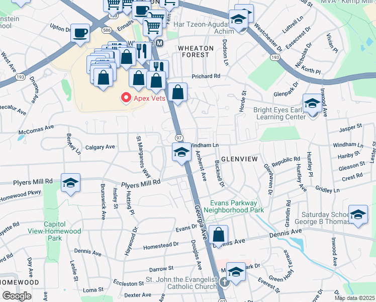 map of restaurants, bars, coffee shops, grocery stores, and more near 10715 Georgia Avenue in Silver Spring