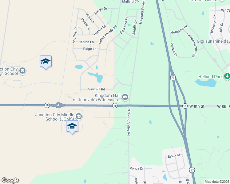 map of restaurants, bars, coffee shops, grocery stores, and more near 1209 Wildflower Drive in Junction City