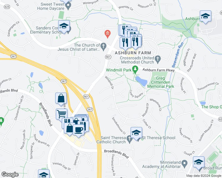 map of restaurants, bars, coffee shops, grocery stores, and more near 43263 Brownstone Court in Ashburn
