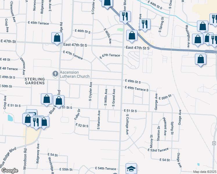map of restaurants, bars, coffee shops, grocery stores, and more near 4920 South Willis Avenue in Independence