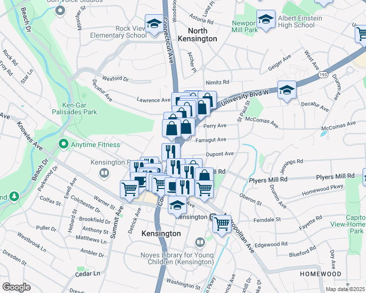 map of restaurants, bars, coffee shops, grocery stores, and more near 10756 Connecticut Avenue in Kensington