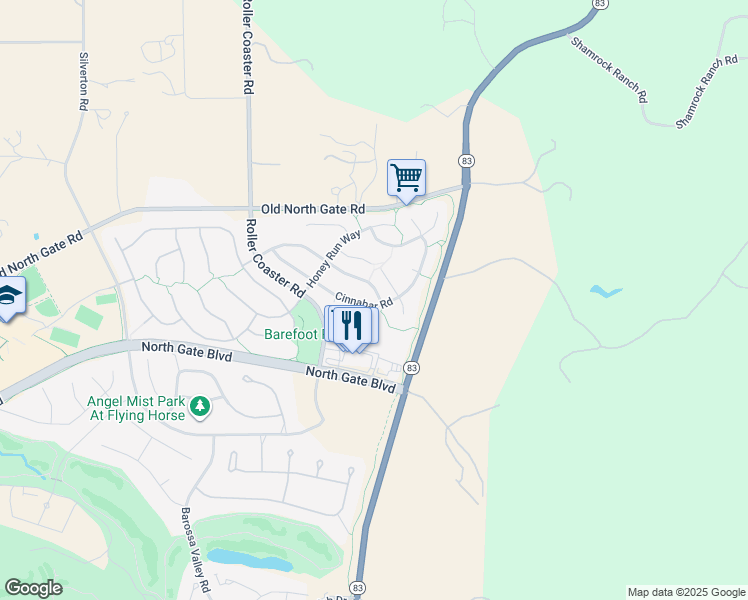 map of restaurants, bars, coffee shops, grocery stores, and more near 2463 Ledgewood Drive in Colorado Springs