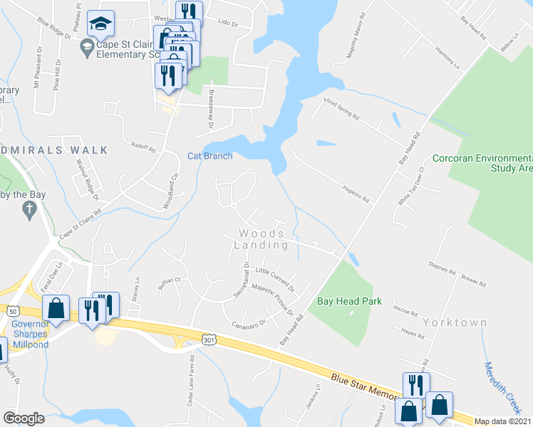 map of restaurants, bars, coffee shops, grocery stores, and more near 440 Crane's Roost Court in Annapolis