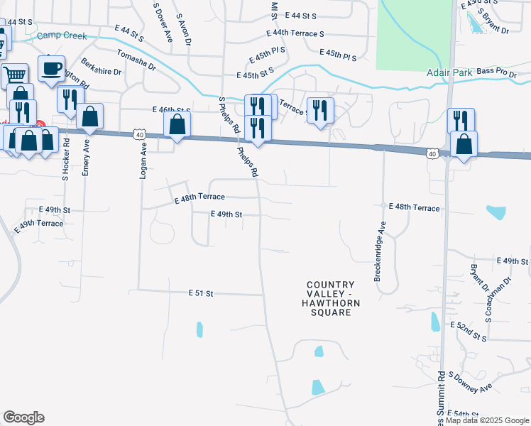 map of restaurants, bars, coffee shops, grocery stores, and more near 15320 East 49th Street in Kansas City