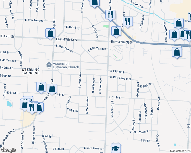 map of restaurants, bars, coffee shops, grocery stores, and more near 4920 South Willis Avenue in Independence