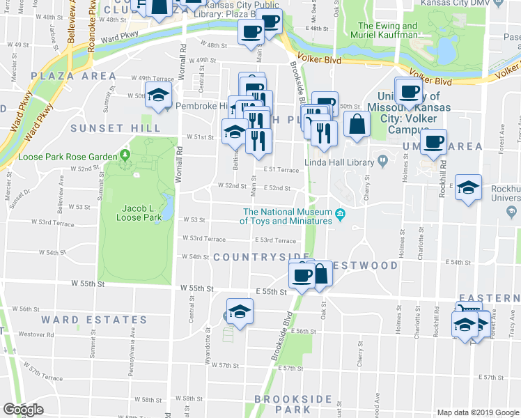 map of restaurants, bars, coffee shops, grocery stores, and more near 11 East Concord Avenue in Kansas City