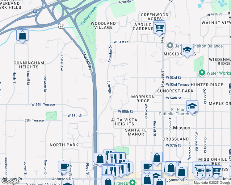 map of restaurants, bars, coffee shops, grocery stores, and more near 5401 Foxridge Drive in Mission