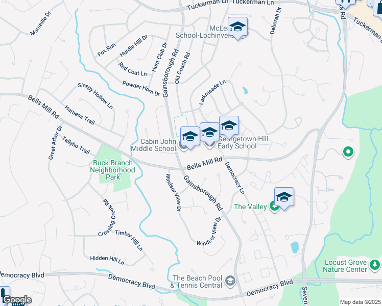 map of restaurants, bars, coffee shops, grocery stores, and more near 10701 Gainsborough Road in Potomac