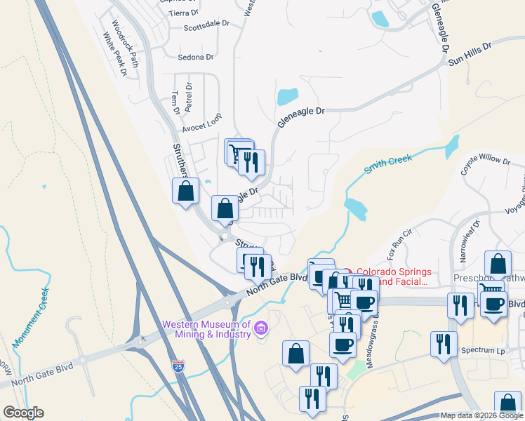 map of restaurants, bars, coffee shops, grocery stores, and more near 226 Luxury Lane in Colorado Springs
