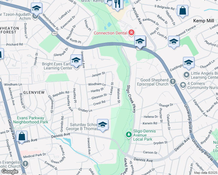 map of restaurants, bars, coffee shops, grocery stores, and more near 1402 Windham Lane in Silver Spring