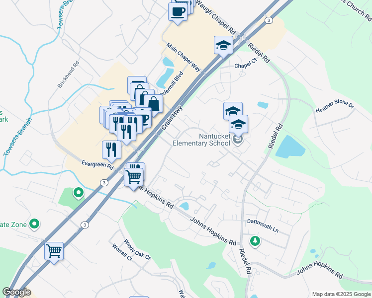 map of restaurants, bars, coffee shops, grocery stores, and more near 1025 Simsbury Court in Crofton