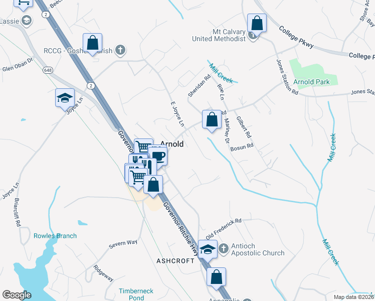 map of restaurants, bars, coffee shops, grocery stores, and more near 63 Church Rd in Arnold