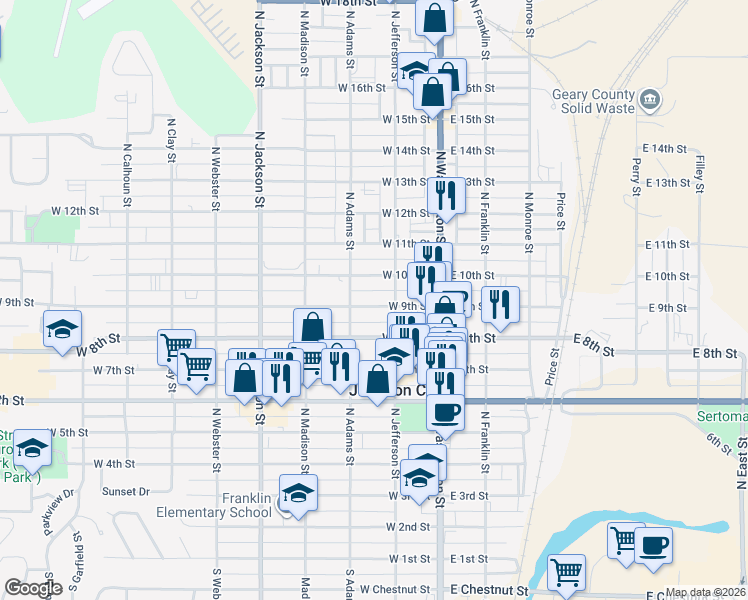 map of restaurants, bars, coffee shops, grocery stores, and more near 224 West 9th Street in Junction City