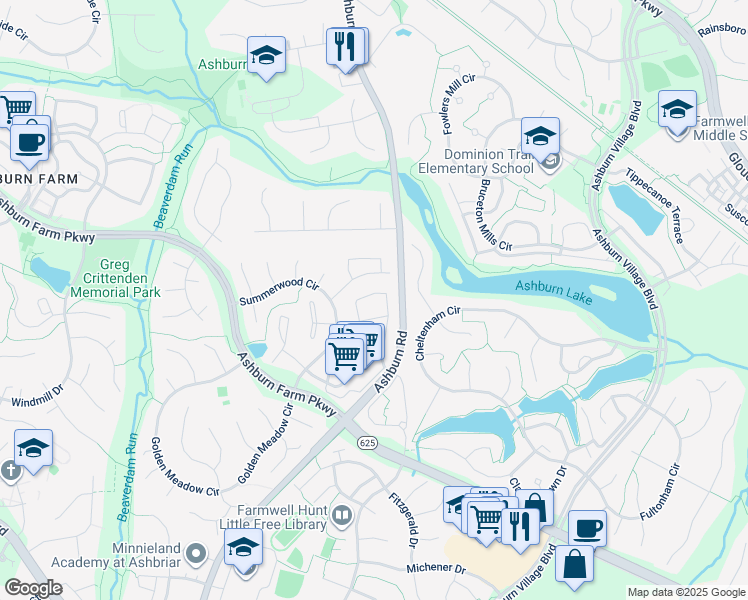 map of restaurants, bars, coffee shops, grocery stores, and more near 21118 Crocus Terrace in Ashburn