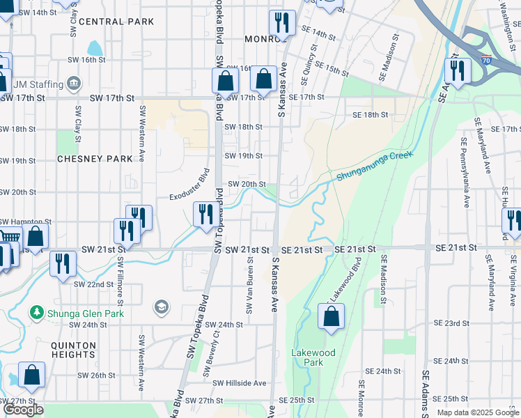 map of restaurants, bars, coffee shops, grocery stores, and more near 122 Southwest Hampton Street in Topeka