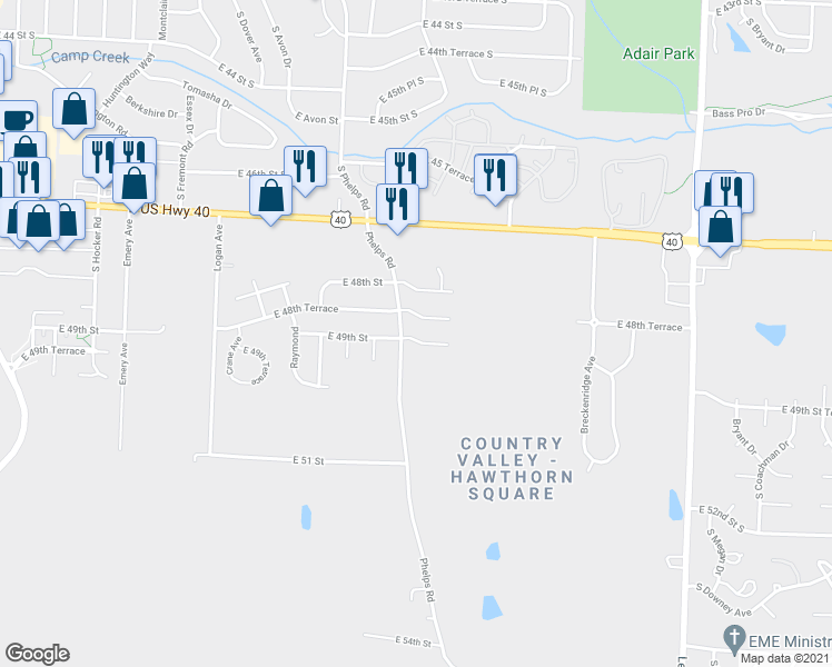 map of restaurants, bars, coffee shops, grocery stores, and more near 15402 East 49th Street in Kansas City